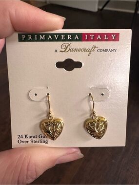 Primavera Italy 24K Gold Heart Dangle Earrings - Gold